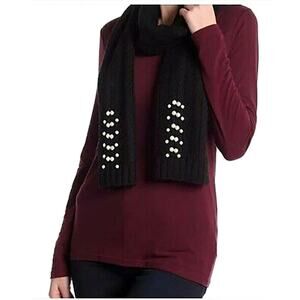 Badgley Mischka Women Black Wool Blend Pearl Embellished Cable Knit Scarf